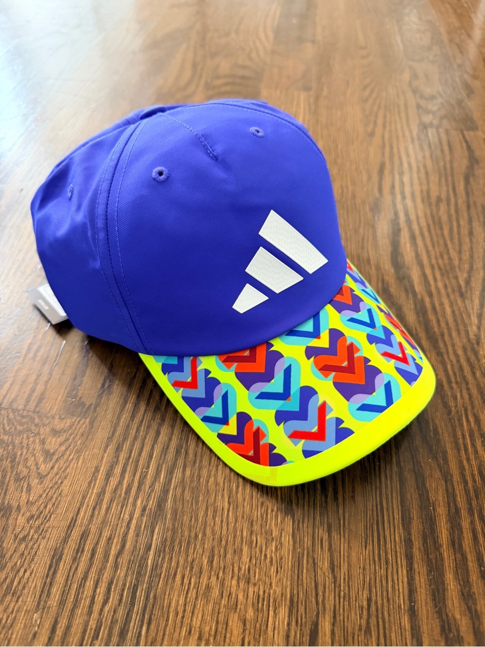 adidas World Cup Volunteer Hat Blue Neon Green Brim and Multicolor Heart Pattern